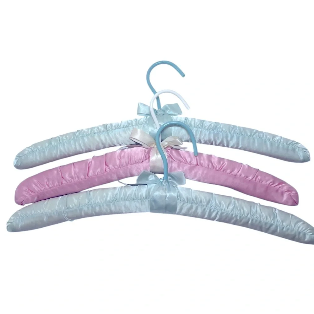 Three Luxurious Padded Satin Hangers-2 Soft Blue and 1 Pink Hanger.